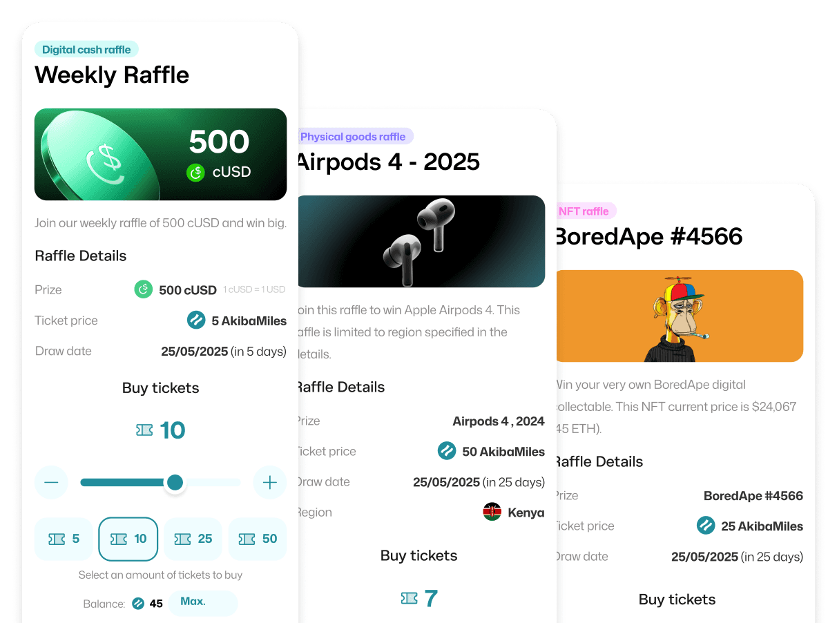 AkibaMiles rewards and spend mockups